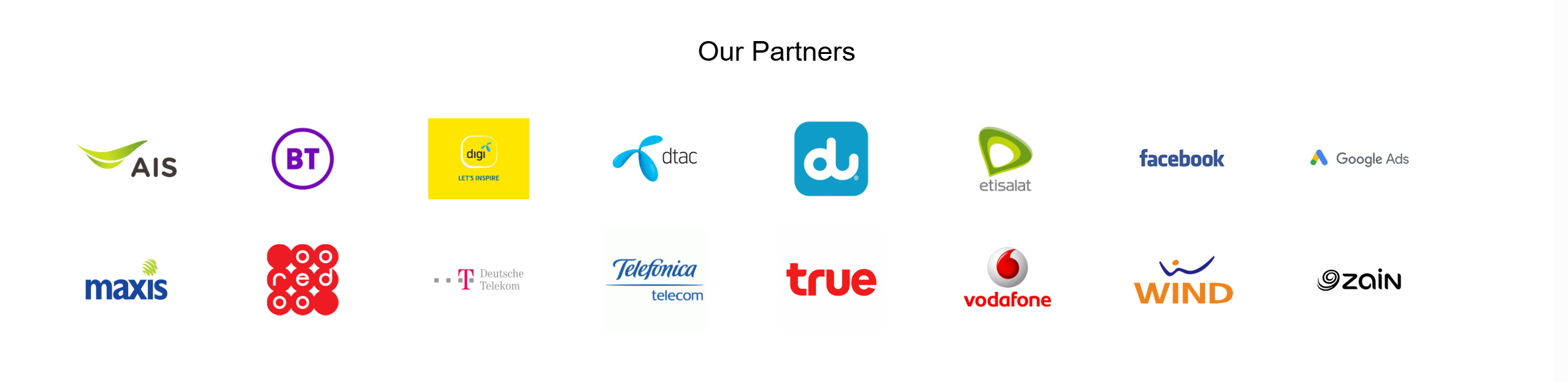 合作伙伴包括 AIS、BT、Digi、dtac、du、Etisalat、Facebook、Google Ads、Maxis、Ooredoo、Deutsche Telekom、Telefónica、True、Vodafone、Wind 和 Zain。